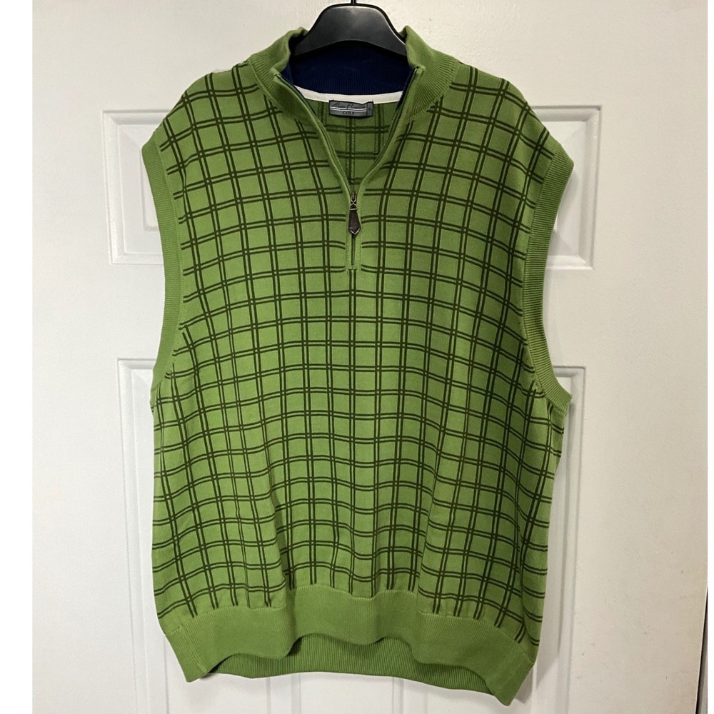 Alan Flusser Golf Mens XL Green Windowpane Plaid 1/4 Zip Cotton Sweater Vest